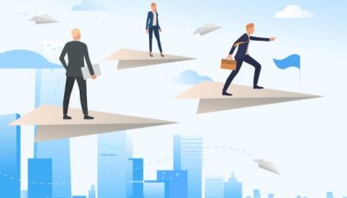 Business people standing on flying paper planes