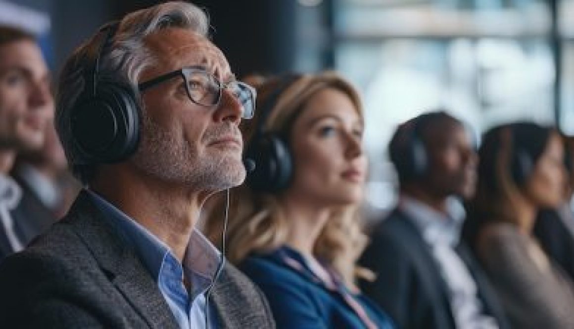 Diverse audience attentively listening at a conference with headphones.