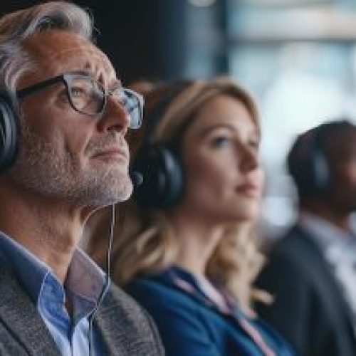 Diverse audience attentively listening at a conference with headphones.